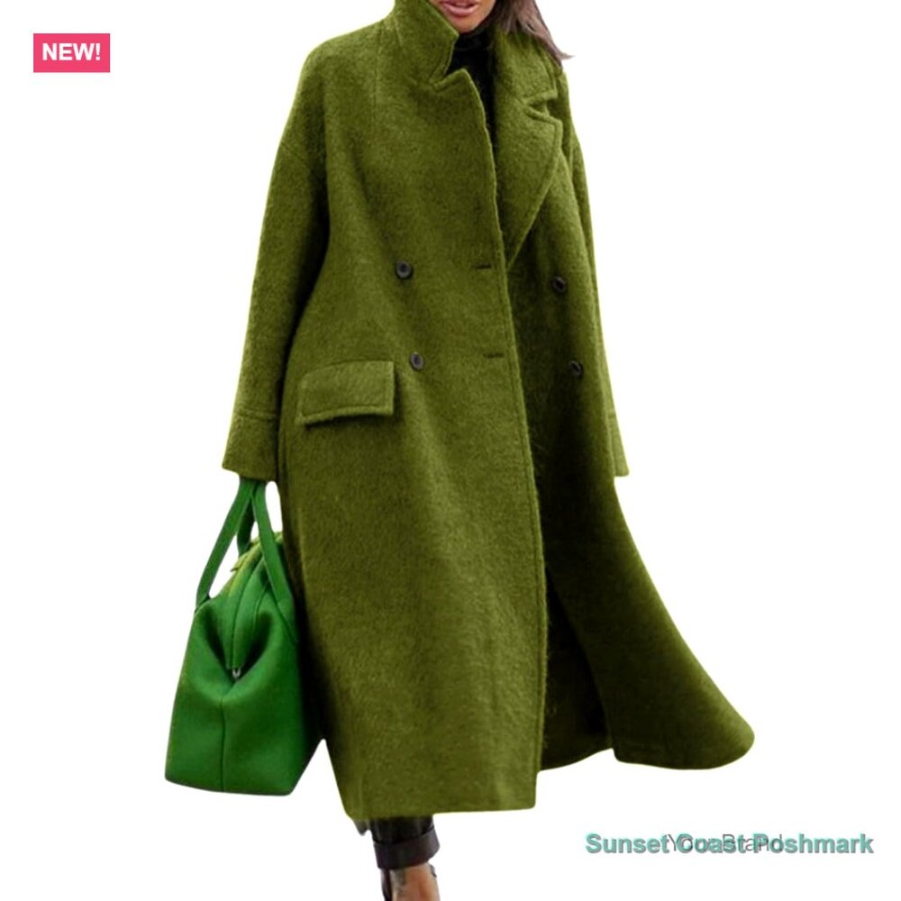 Oversized Wool Blend Pea Coat Long Winter Trench Overcoat